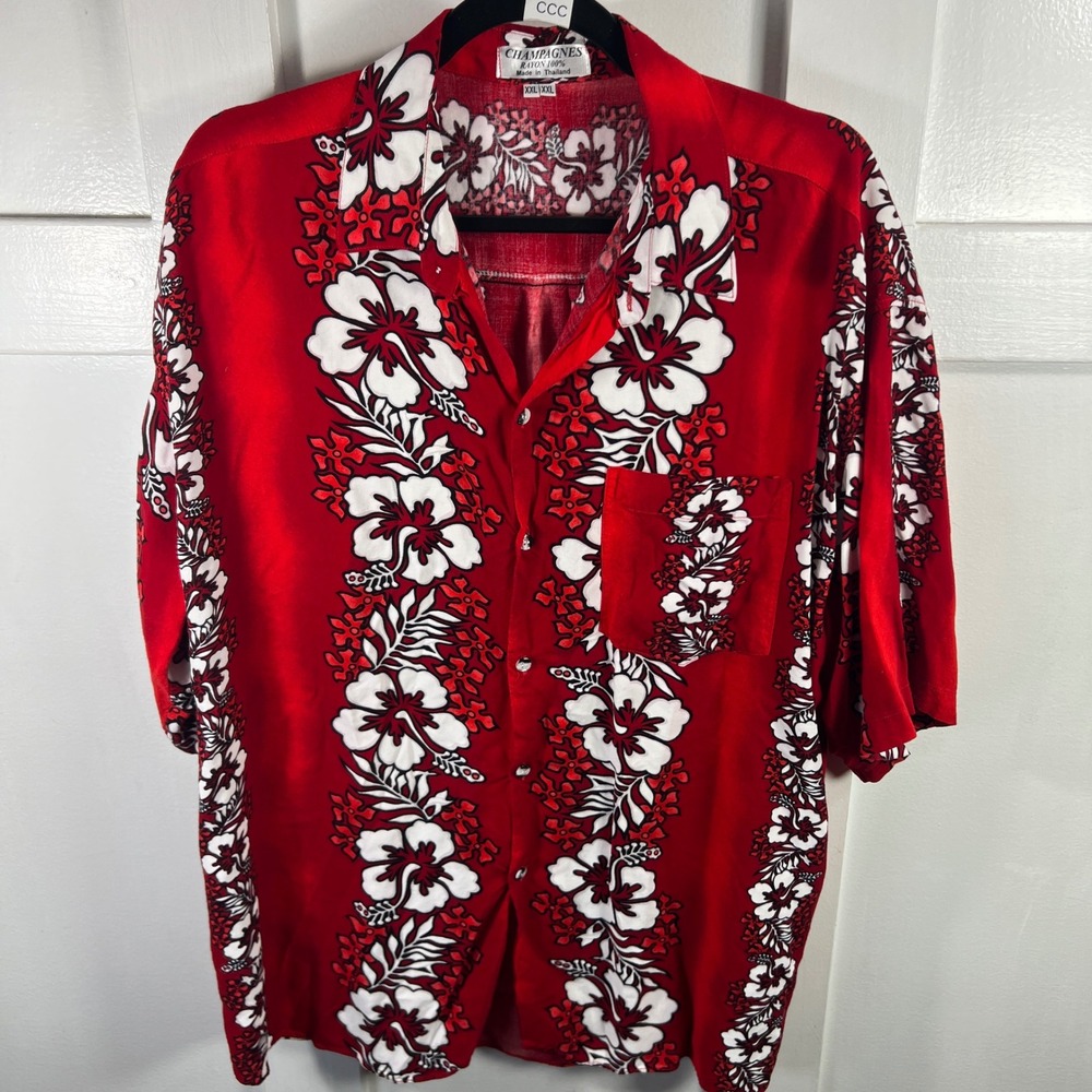 Champagnes Mens XXL Red Floral‎ Hibiscus Rayon Hawaiian Button Up Shirt Thailand